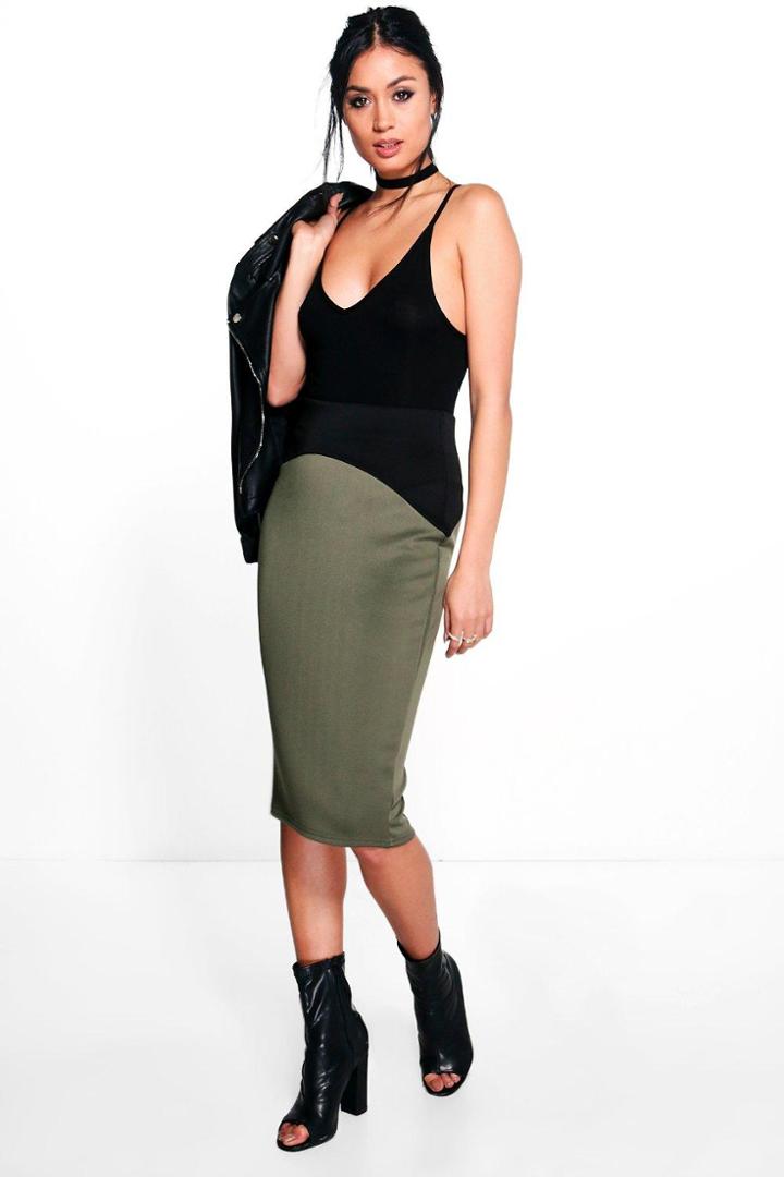 Boohoo Maya High Waist Panelled Scuba Midi Skirt Khaki