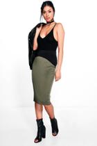 Boohoo Maya High Waist Panelled Scuba Midi Skirt Khaki
