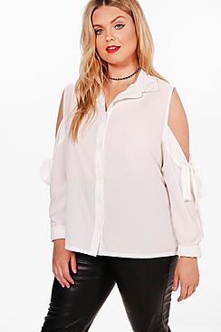 Boohoo Plus Katherine Cold Shoulder Tie Sleeve Shirt
