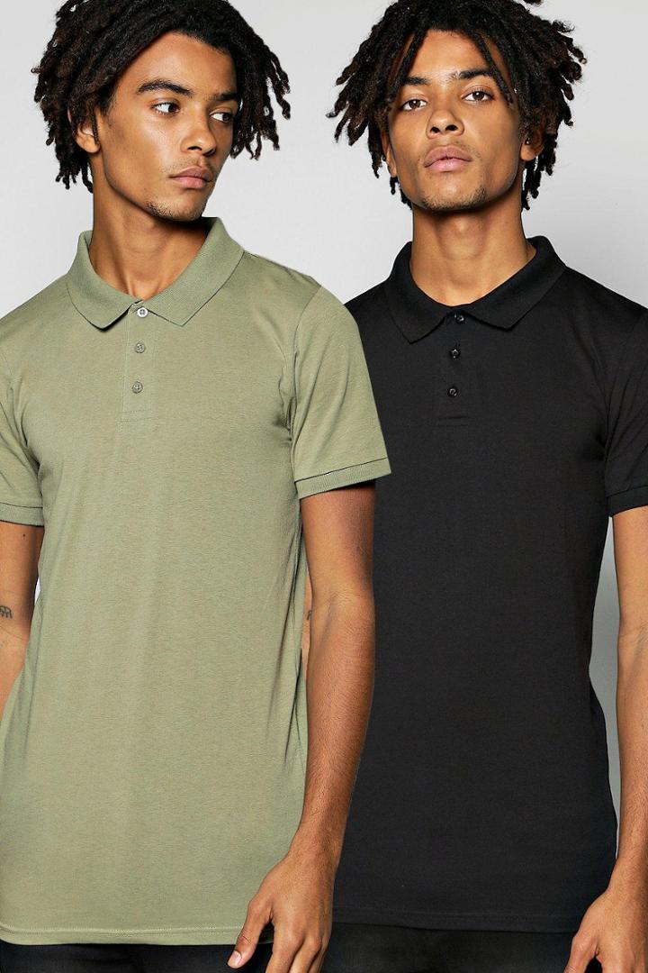 Boohoo Muscle Fit Polo 2 Pack In Black And Khaki Multi