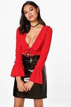Boohoo Claire Lace Up Ruffle Long Sleeve Crop