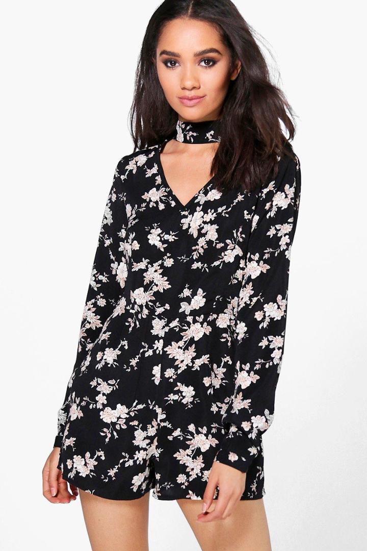 Boohoo Petite Fran Choker Detail Woven Playsuit Black