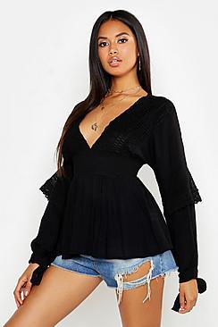 Boohoo Cheese Cloth Crochet Trim Top
