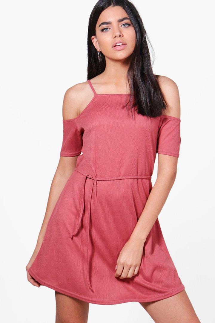Boohoo Poppy Cold Shoulder Rib Knit Dress Rose
