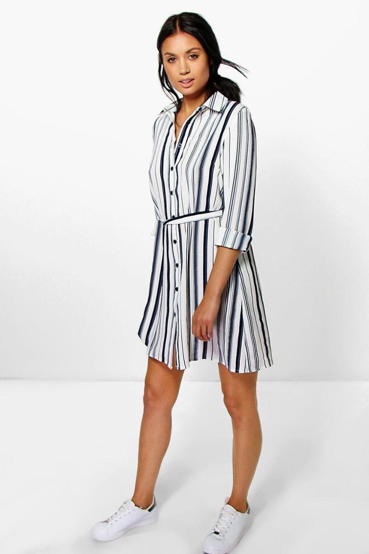 Boohoo Ally Tie Waist Stripe Shirt Dress Navy