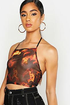 Boohoo Flames Mesh Halter Crop Top