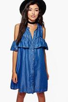 Boohoo Leah Ruffle Cold Shoulder Denim Dress