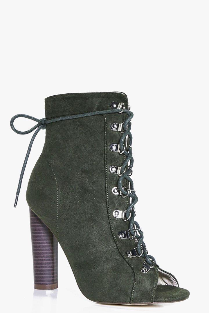 Boohoo Rebecca Lace Up Block Heel Shoe Boot Khaki