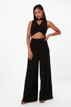Boohoo Leah Alinky Wrap Crop & Wide Leg Trouser Co-ord Black