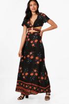 Boohoo Nicole Floral Boarder Crop & Maxi Skirt Co-ord Set Black
