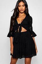 Boohoo Knot Front Broderie Anglaise Skater Dress