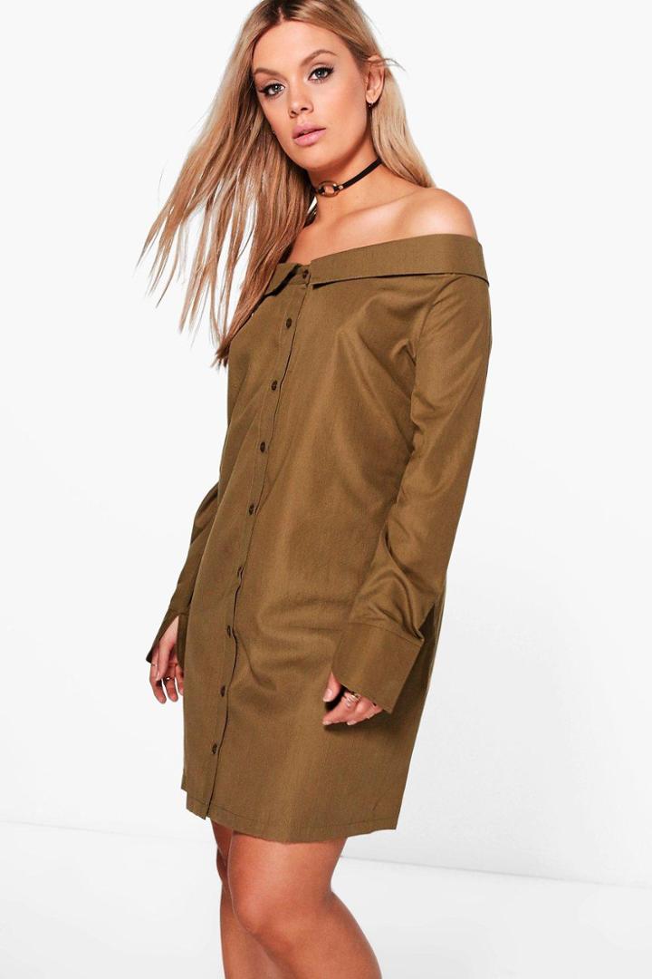 Boohoo Plus Mandy Off The Shoulder Woven Dress Khaki