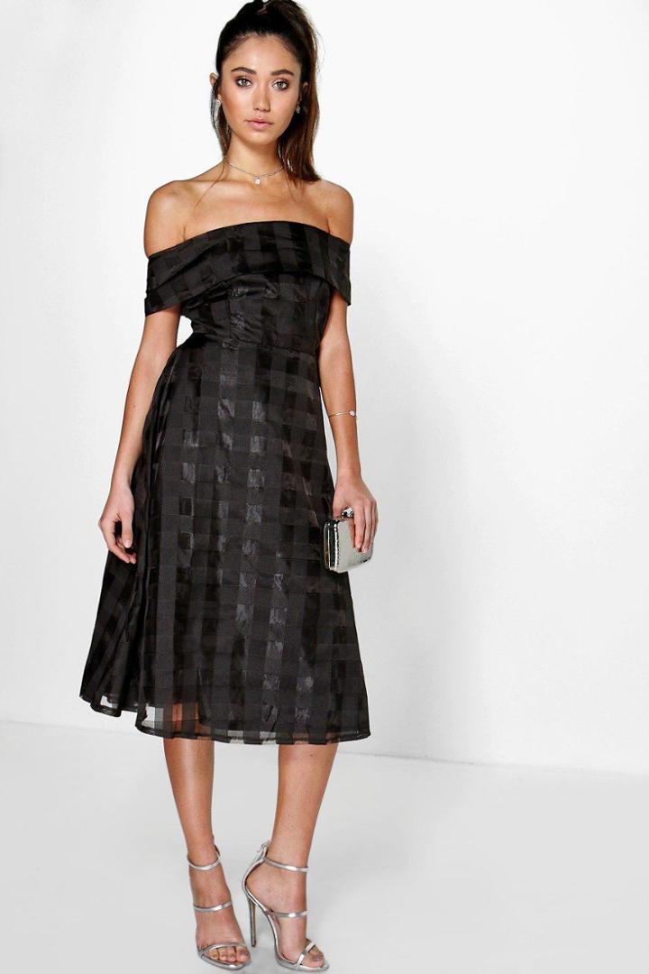 Boohoo Ella Off Shoulder Check Organza Skater Dress Black