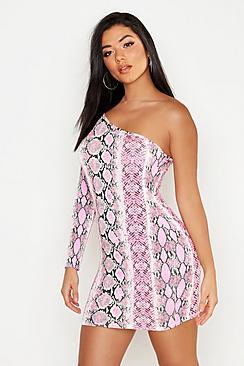 Boohoo Neon Snake One Shoulder Bodycon Dress