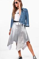 Boohoo Daisy Metallic Asymmetric Skirt Silver