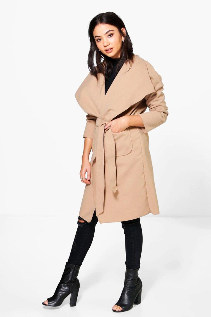 Boohoo Natasha Pocket Shawl Collar Belted Coat Camel