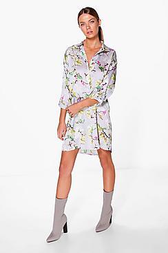Boohoo Aeron Floral Print Satin Shirt Dress