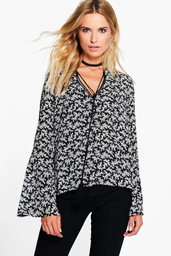 Boohoo Megan Ladder Trim Tie Neck Printed Blouse Black