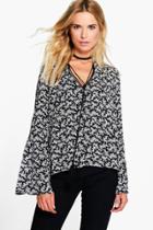 Boohoo Megan Ladder Trim Tie Neck Printed Blouse Black