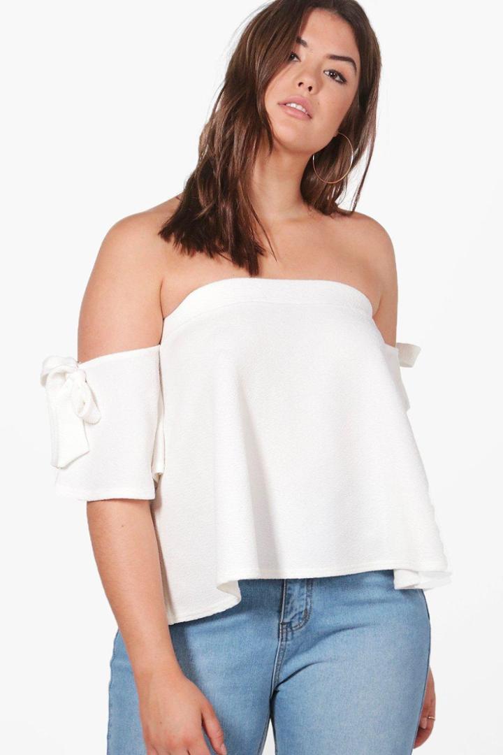 Boohoo Plus Kelly Off The Shoulder Bow Top White
