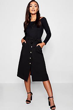 Boohoo Petite Button Front Tie Waist Midi Skirt