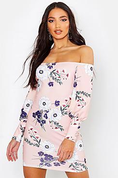 Boohoo Floral Button Bardot Bodycon Mini Dress