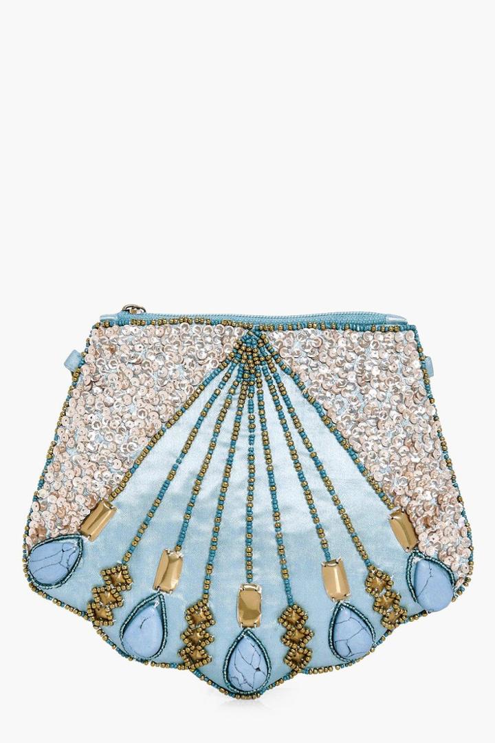 Boohoo Hope Boutique Shell Beaded Clutch Green