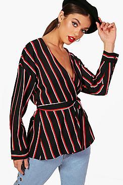 Boohoo Rachel Stripe Plunge Tie Front Shirt