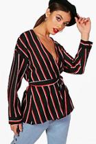 Boohoo Rachel Stripe Plunge Tie Front Shirt