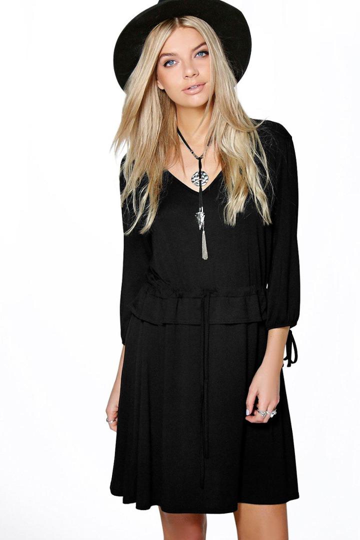 Boohoo Morgana Tie Waist Ruffle Skater Dress Black