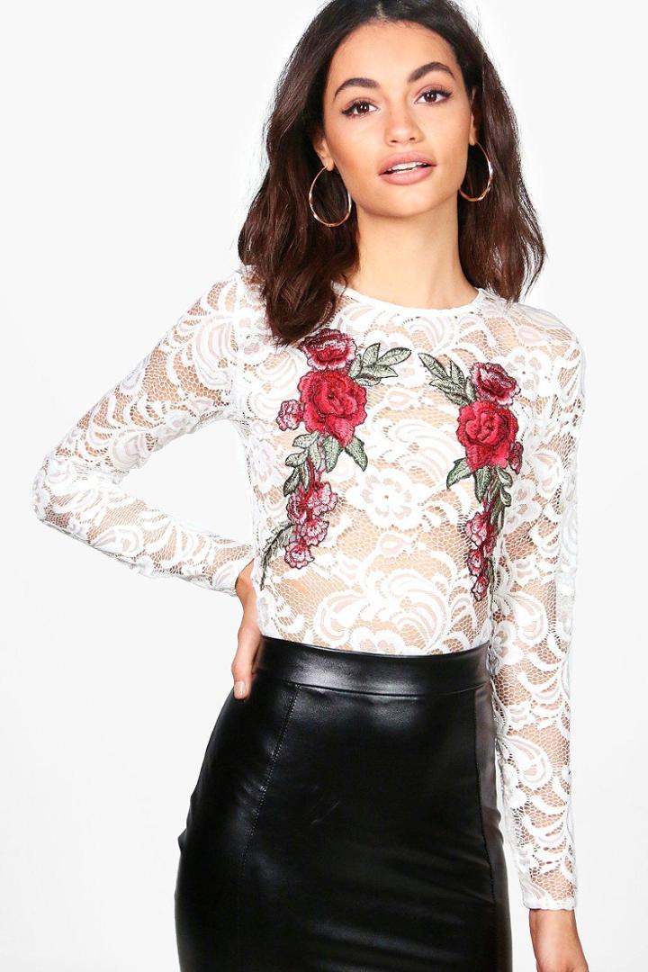 Boohoo Ruby Lace Embroidered Long Sleeve Crop Top Cream