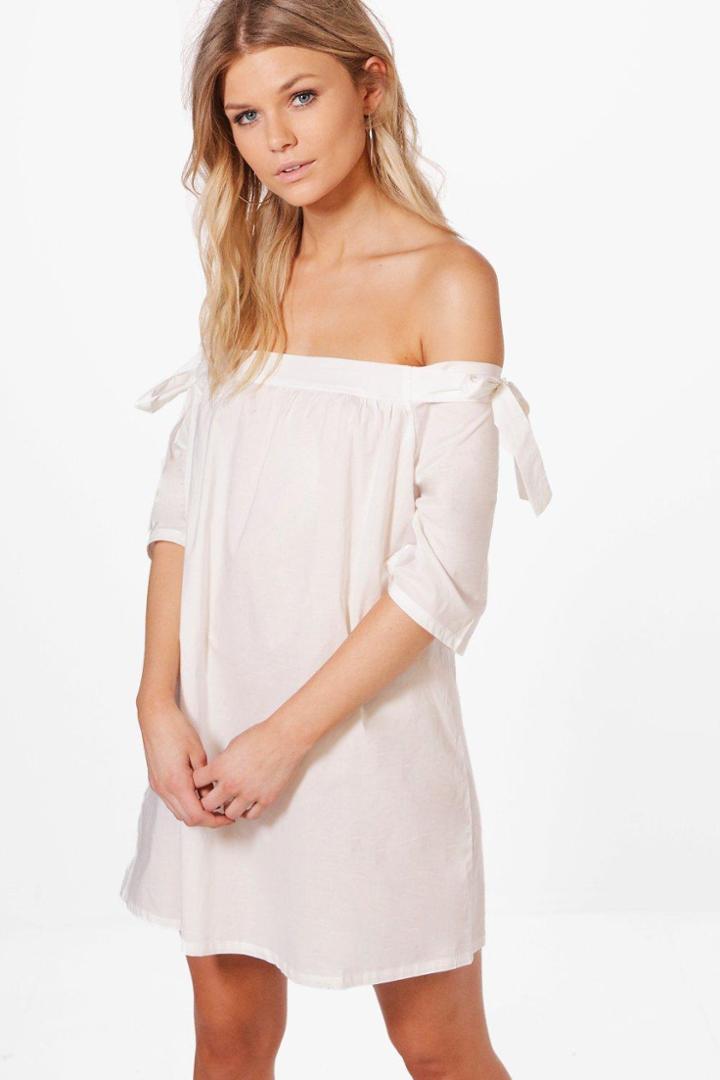 Boohoo Petite Maise Off The Shoulder Shift Dress White