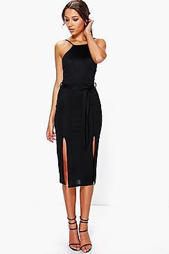 Boohoo Tall Katy Ribbed Tie Waist Front Split Dress