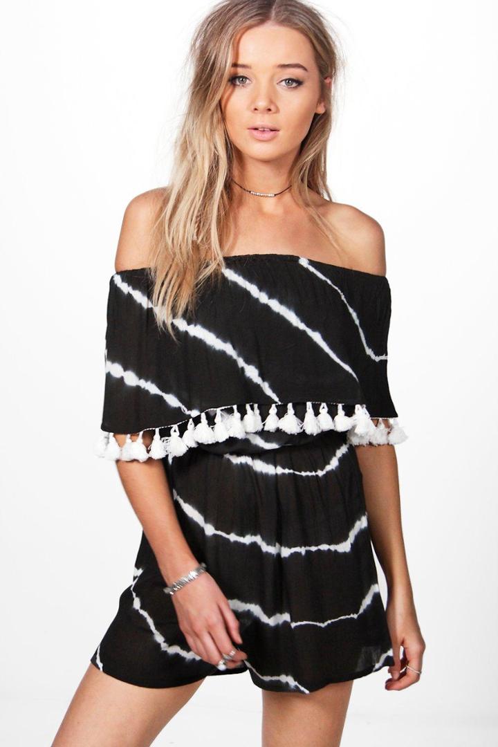 Boohoo Lucy Tie Dye Tassel Trim Playsuit Black