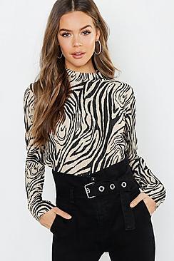 Boohoo Zebra Plisse High Neck Top