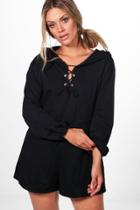 Boohoo Plus Robyn Lace Up Sweat Playsuit Black