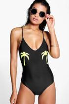 Boohoo Aruba Palm Placement Scoop Back Bathing Suit Black