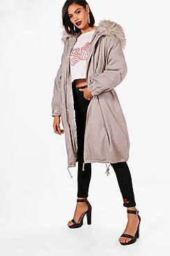 Boohoo Parka With Faux Fur Trim & Detachable Lining