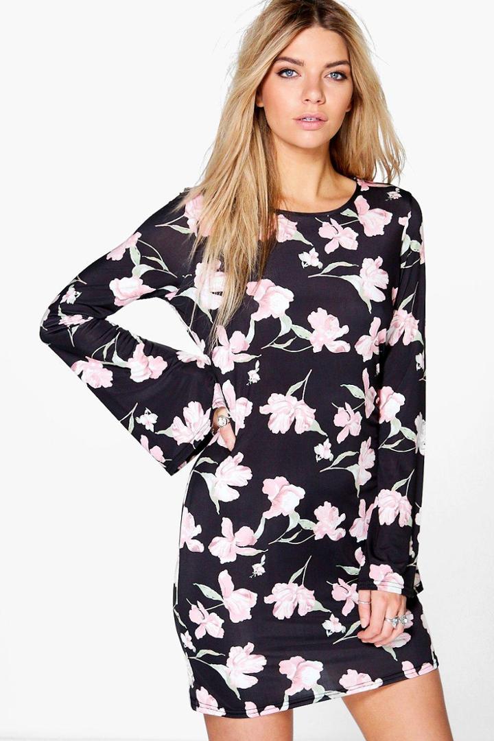 Boohoo Myleene Oriental Floral Bell Sleeve Shift Dress Black