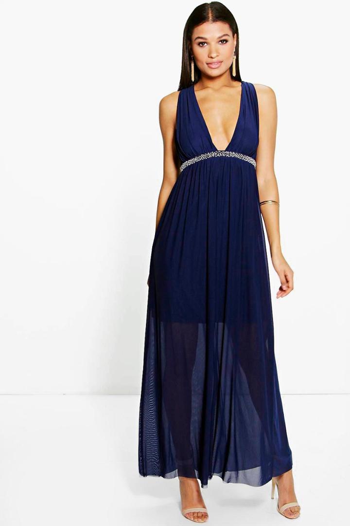 Boohoo Kelly Mesh Plunge Embellished Waist Maxi Dress Navy