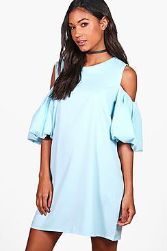 Boohoo Zhi Puff Sleeve Cold Shoulder A-line Shift Dress