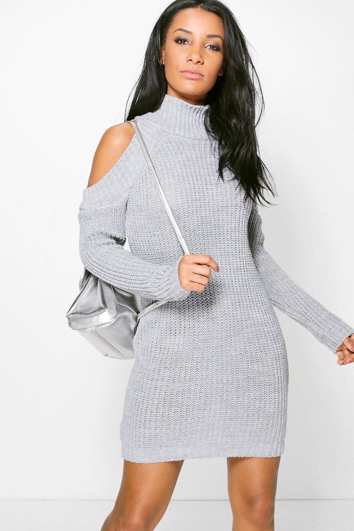 Boohoo Niamh Turtle Neck Cold Shoulder Jumper Dress Grey