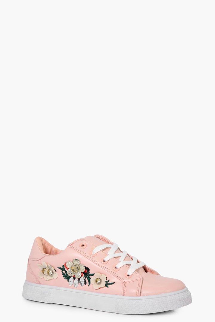 Boohoo Charlotte Embellished Lace Up Trainer Pink