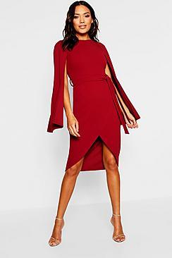 Boohoo Cape Sleeve Tie Waist Wrap Midi Dress