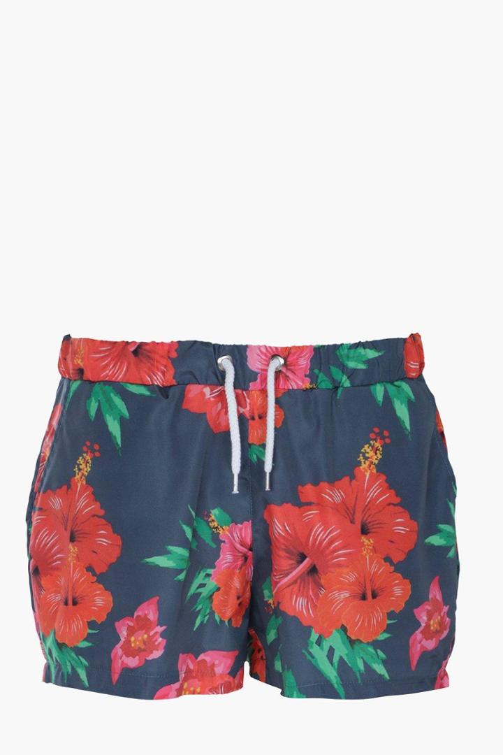 Boohoo Floral Print Mid Length Swim Short Black