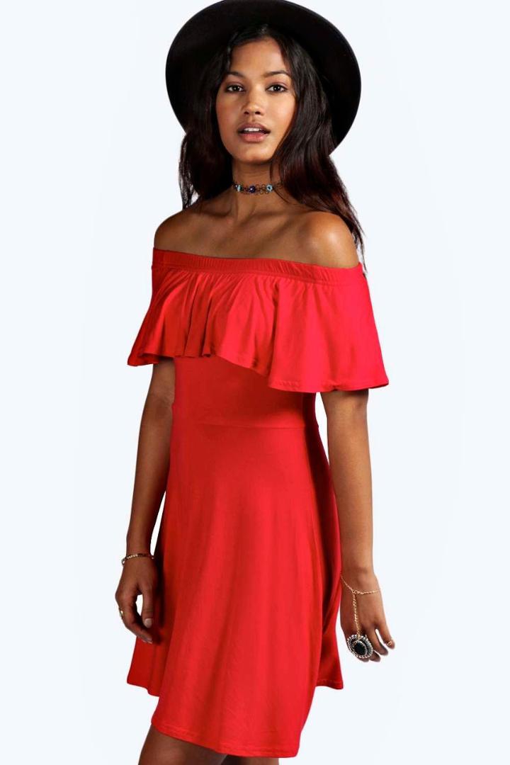 Boohoo Freya Frill Off Shoulder Skater Dress Red