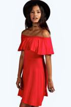 Boohoo Freya Frill Off Shoulder Skater Dress Red