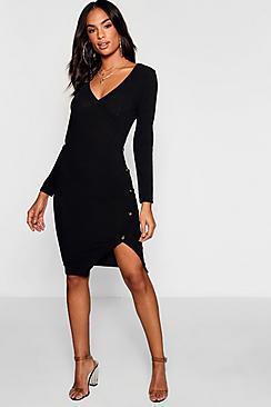 Boohoo Tall Button Front Rib Wrap Dress