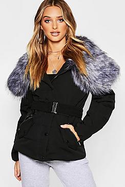 Boohoo Oversized Faux Fur Collar Belted Parka
