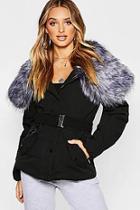 Boohoo Oversized Faux Fur Collar Belted Parka